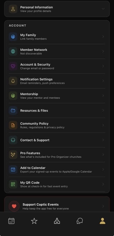 Account screen showing family link, mentorship, member network, resources